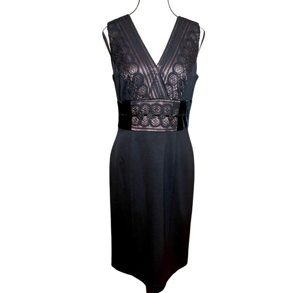 KAY UNGER Black Lace Overlay Bodice V-Neck Knee Length Cocktail Dress Women's 10 - Picture 1 of 9